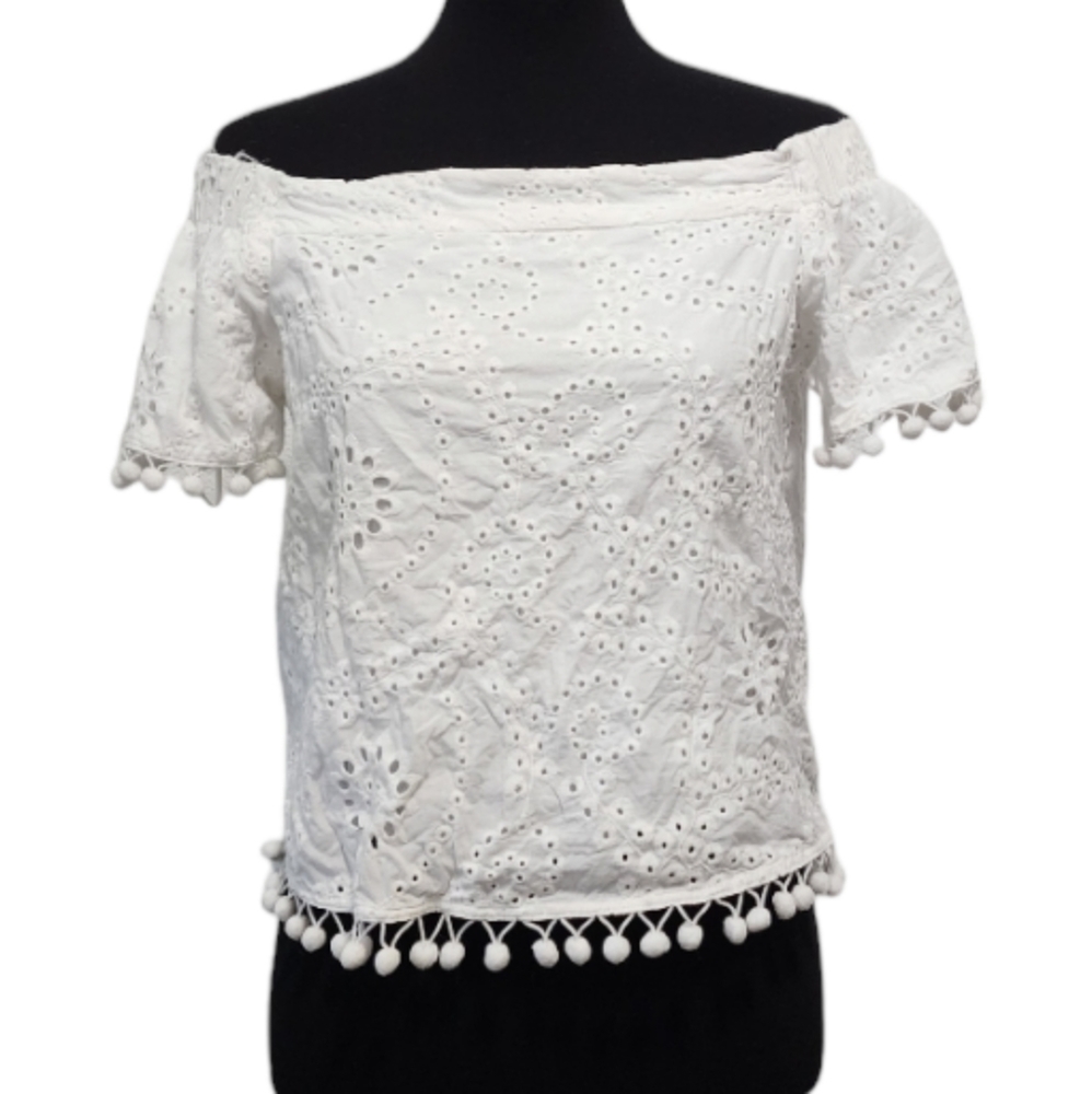 Willow & Clay Off The Shoulder White Embroidered Crop Top with Baubles
